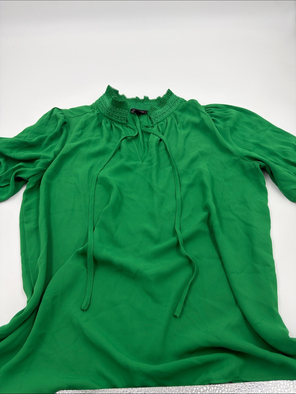 Ann Taylor Emerald Green Smocked-Neck Tie Blouse